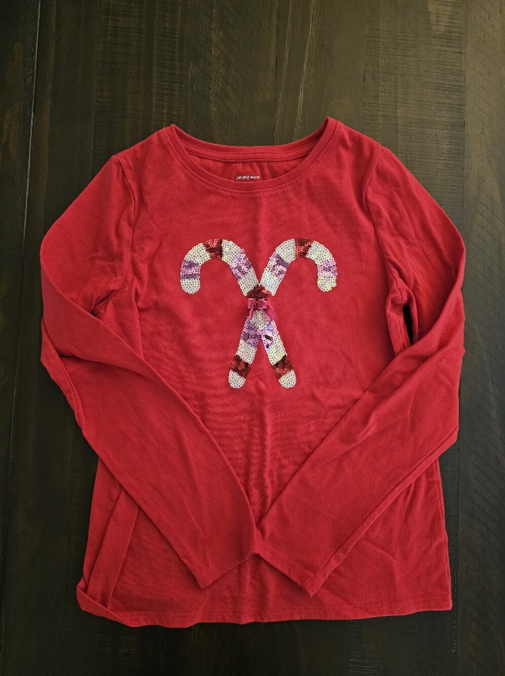 Red Sequin-Embellished Long Sleeve Tee